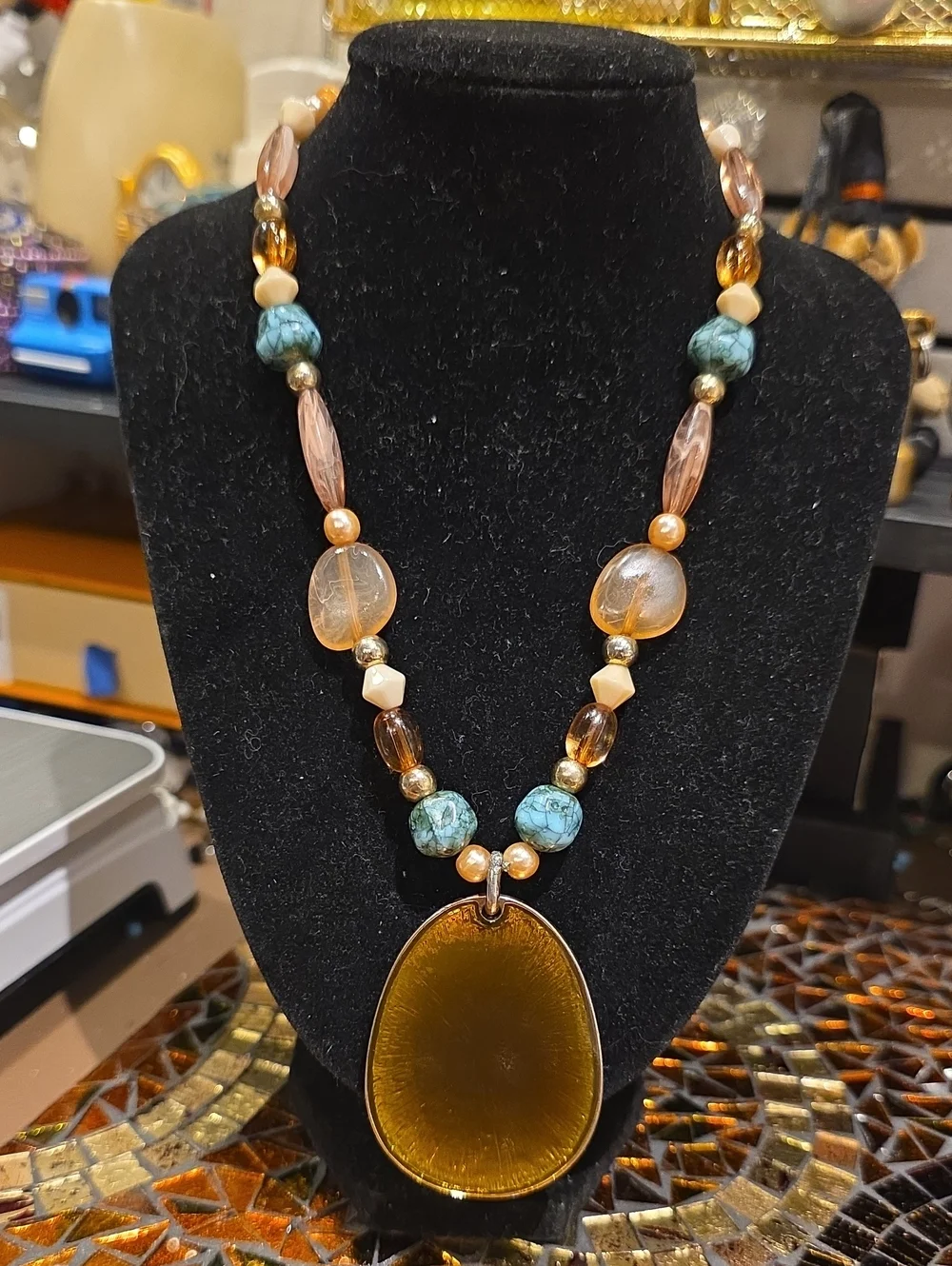 Amber Teardrop Pendant Necklace with Turquoise Accents